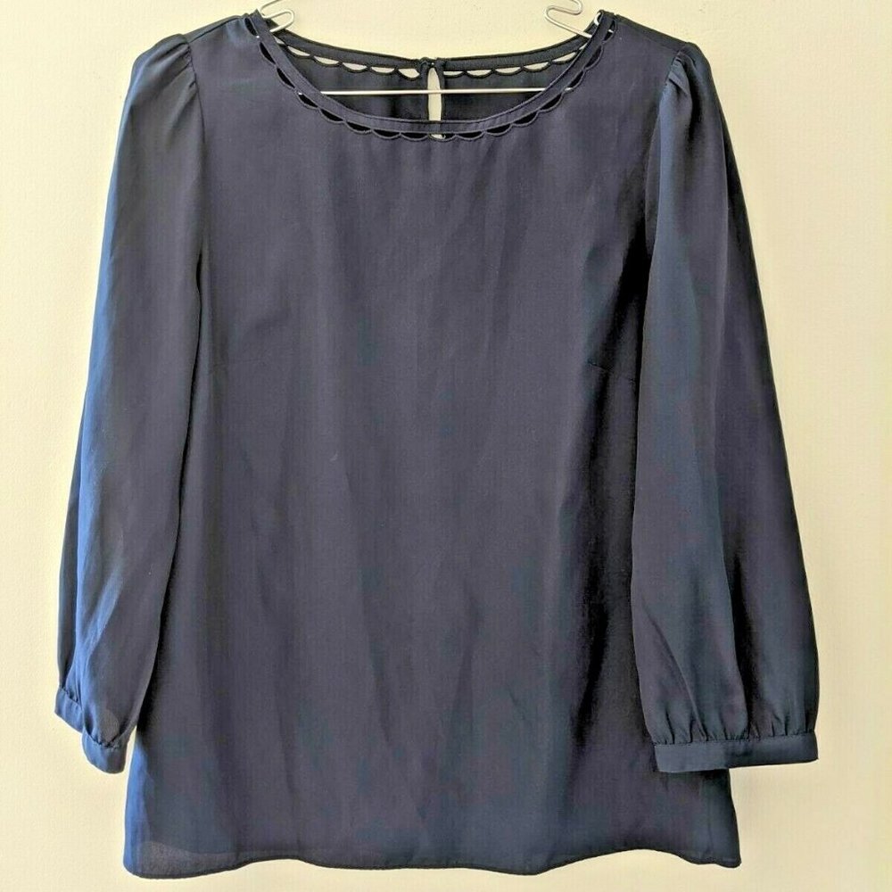 J CREW scalloped navy blue pop sleeve blouse shirt
